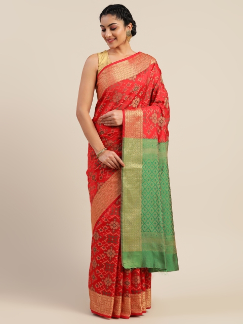 

Mitera Coral Red & Green Art Silk Woven Design Saree