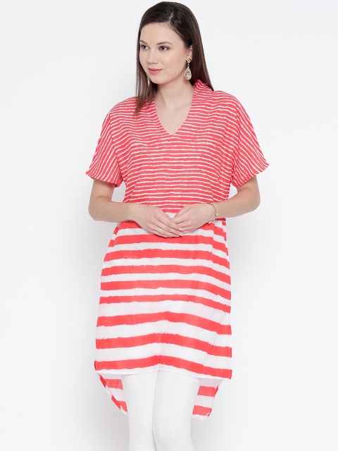 BIBA Red & White Striped High-Low Kurta available at myntra for Rs.399
