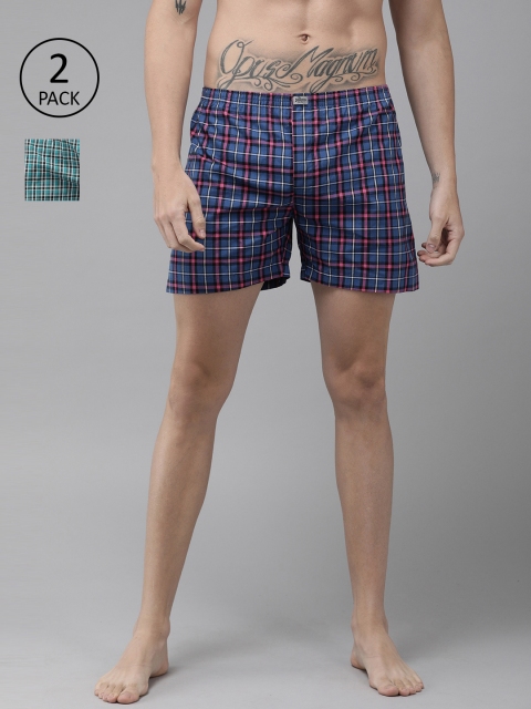 

Roadster Men Pack of 2 Blue and Green Checked Pure Cotton Boxers RDST-BOX-2PP-014