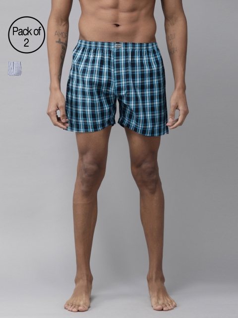 

Roadster Men Pack of 2 Blue and White Checked Pure Cotton Boxers