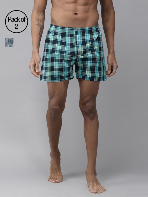 

Roadster Men Pack of 2 Sea Green and White Checked Pure Cotton Boxers