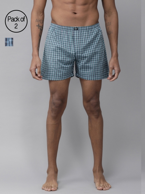 

Roadster Men Pack of 2 Navy Blue and White Checked Pure Cotton Boxers