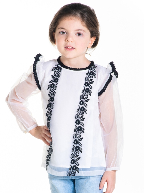 

Cherry Crumble Girls White & Black Floral Embroidered A-Line Top