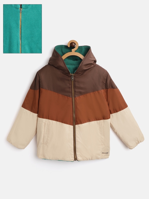 

Cherry Crumble Kids Brown Colourblocked Reversible Hooded Padded Jacket