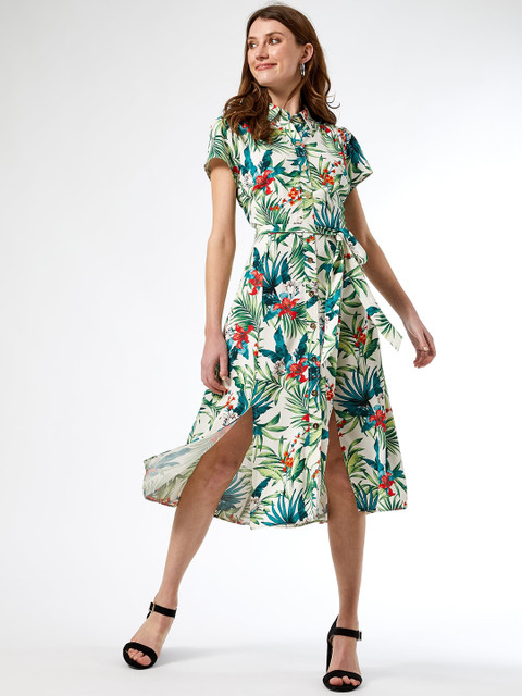 

DOROTHY PERKINS Women White & Green Tropical Printed Shirt Dress