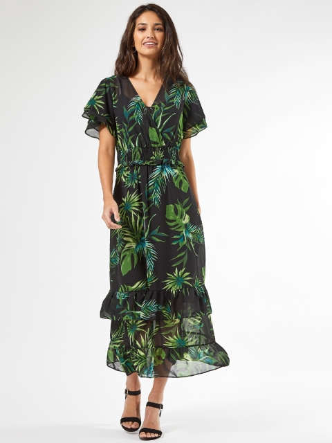 

DOROTHY PERKINS Women Black & Green Tropical Print Tiered A-Line Dress