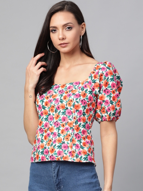 

DOROTHY PERKINS Women Pink & Orange Floral Print Puff Sleeve Top