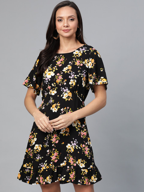 

DOROTHY PERKINS Women Black & Yellow Floral Printed A-Line Dress