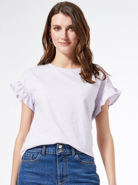 

DOROTHY PERKINS Women Lavender Solid Ruffled Sleeves Pure Cotton Top