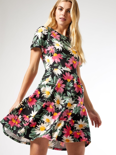 

DOROTHY PERKINS Women Black & Pink Floral Print Fit and Flare Dress