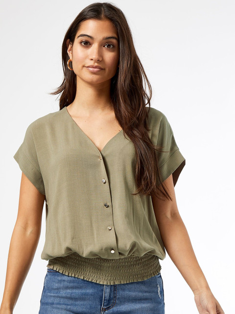 

DOROTHY PERKINS Women Olive Green Smocked Solid Blouson Top