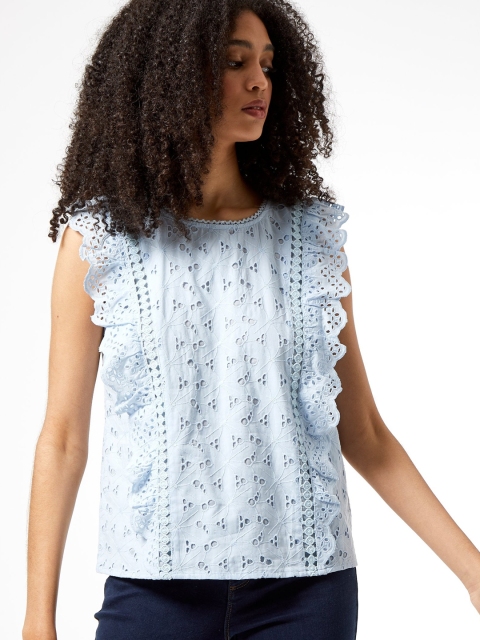 

DOROTHY PERKINS Women Blue Schiffli Embroidered Pure Cotton Top