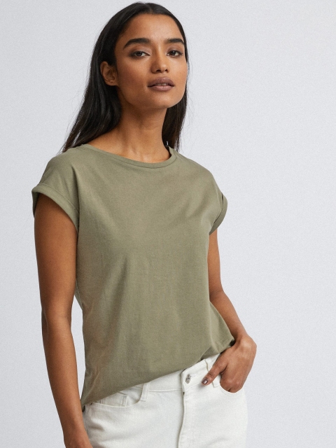 

DOROTHY PERKINS Petite Women Olive Green Solid Round Neck T-shirt