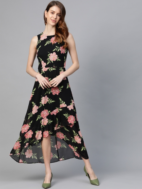 

DOROTHY PERKINS Women Black & Pink Floral Print High-Low Maxi Dress