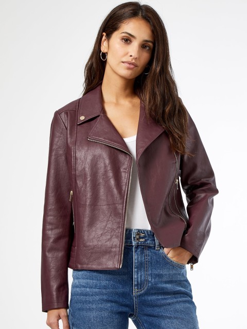 

DOROTHY PERKINS Women Burgundy Solid Biker Jacket