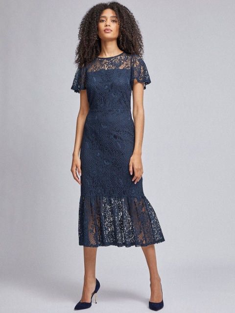 

DOROTHY PERKINS Women Navy Blue Self Design Lace Semi Sheer A-Line Dress