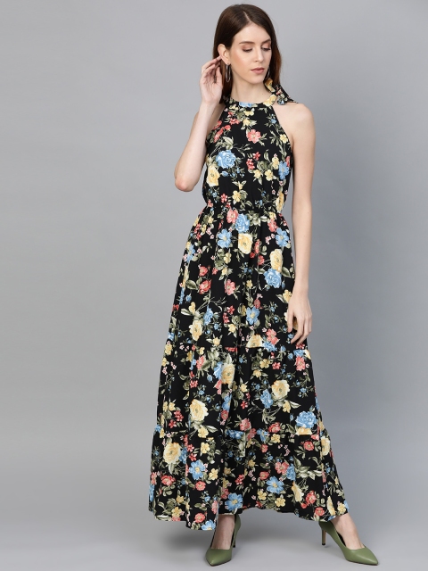 

DOROTHY PERKINS Women Black & Blue Floral Printed Maxi Dress