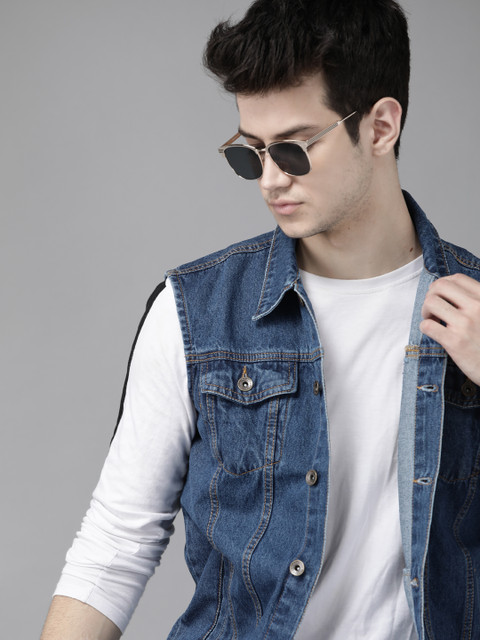 

Roadster Men Blue Solid Sleeveless Denim Jacket
