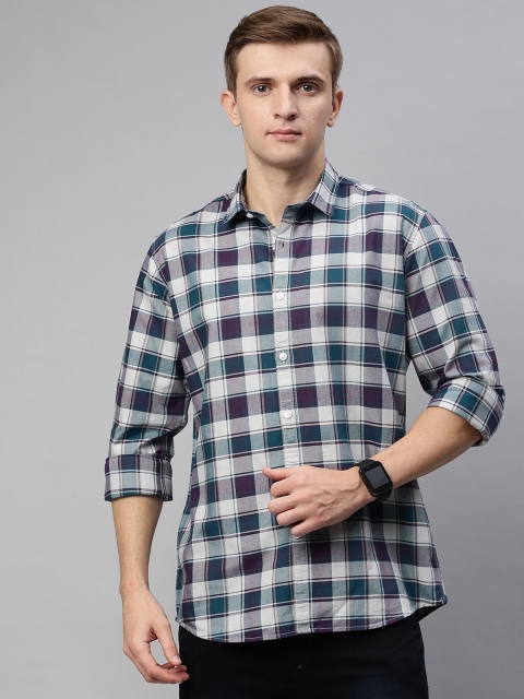 

Mast & Harbour Men Off-White & Teal Green Slim Fit Checked Casual Shirt