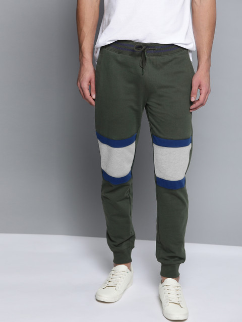 

Mast & Harbour Men Olive Green & Grey Straight-Fit Solid Joggers With Colorblocked Detail