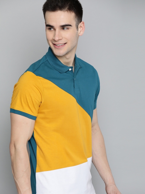 

Mast & Harbour Men Mustard Yellow & Teal Blue Colourblocked Cotton Polo Collar T-shirt
