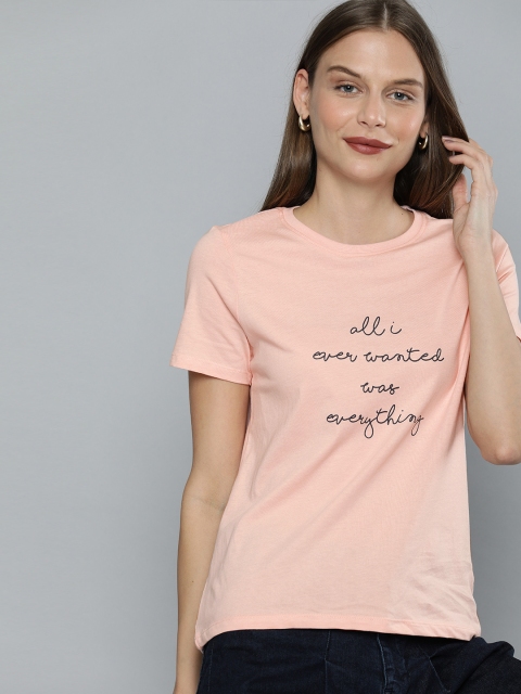

Mast Harbour Women Peach-Coloured Printed Round Neck Pure Cotton T-shirt