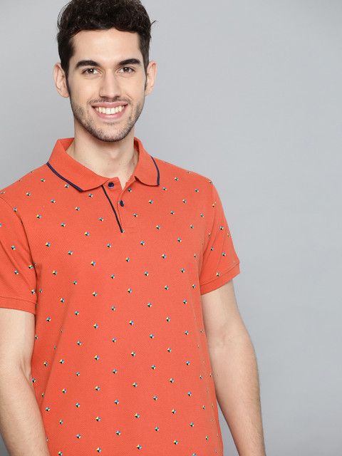 

Mast & Harbour Men Orange Pure Cotton Geometric Printed Polo Collar T-shirt