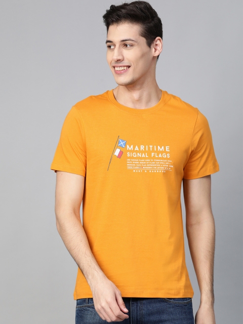 

Mast Harbour Men Mustard Yellow White Printed Round Neck Pure Cotton T-shirt