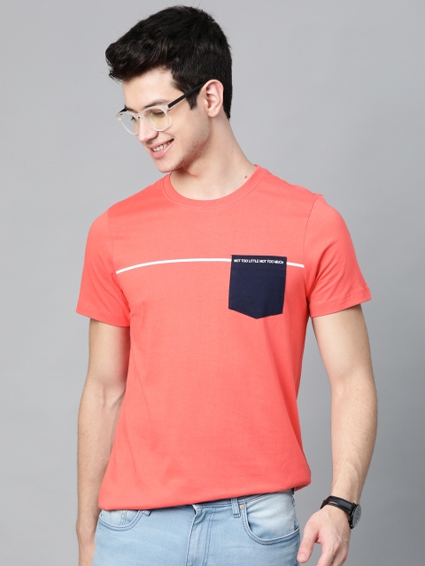 

Mast & Harbour Men Coral Pink Pocket Detailing Solid Round Neck T-shirt