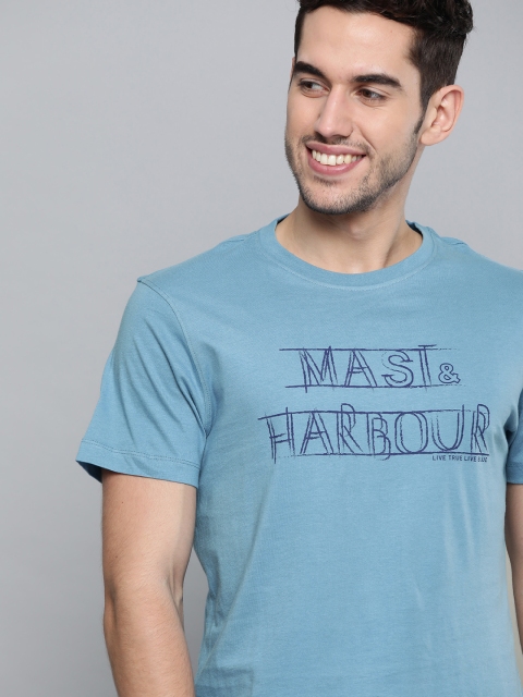 

Mast Harbour Men Blue Printed Round Neck Pure Cotton T-shirt