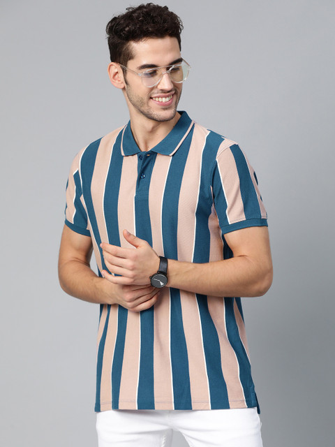 

Mast & Harbour Men Teal Blue & Pink Striped Polo Collar T-shirt
