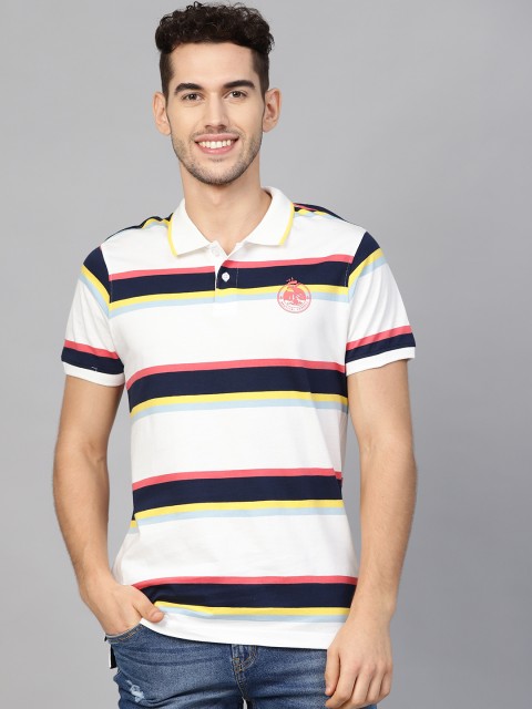 

Mast Harbour Men White Navy Blue Striped Polo Collar Pure Cotton T-shirt