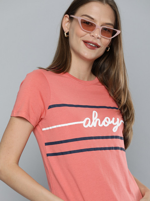 

Mast & Harbour Women Coral Printed Round Neck T-shirt