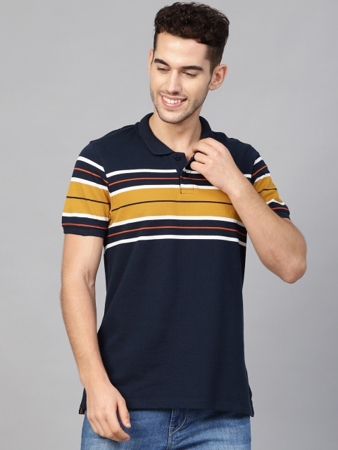 

Mast Harbour Men Navy Blue Mustard Yellow Striped Polo Collar Pure Cotton T-shirt