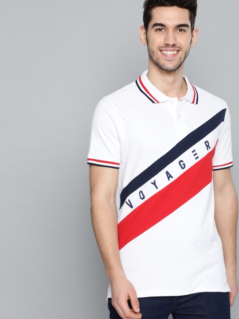 

Mast & Harbour Men White & Navy Blue Striped Pure Cotton Polo Collar T-shirt