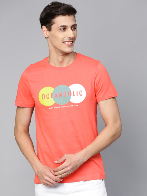 

Mast & Harbour Men Coral Pink Printed Round Neck T-shirt