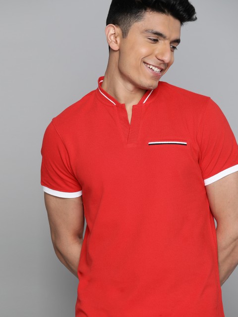 

Mast & Harbour Men Red Pure Cotton Solid Mandarin Collar T-shirt