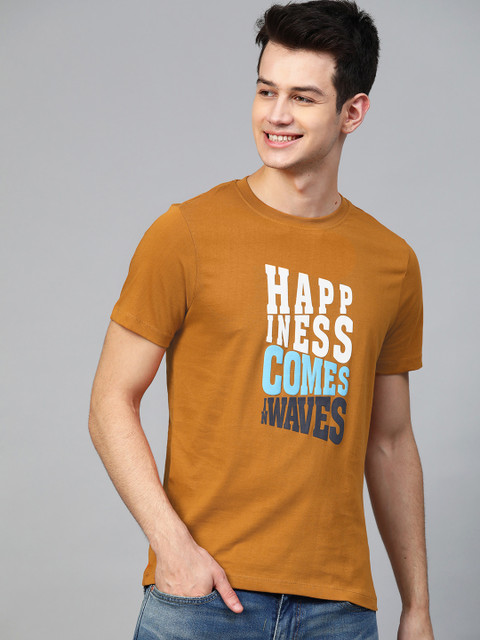 

Mast Harbour Men Mustard Brown Typography Print Round Neck Pure Cotton T-shirt