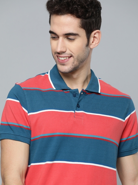 

Mast & Harbour Men Coral Pink & Blue Striped Polo Collar T-shirt