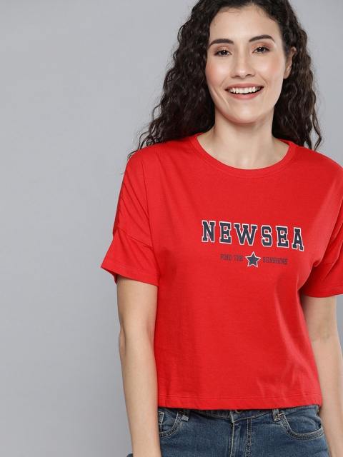 

Mast Harbour Women Red Printed Round Neck Pure Cotton T-shirt