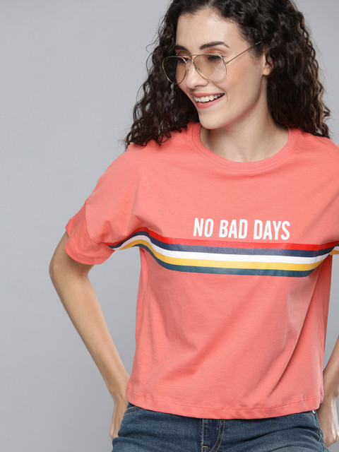 

Mast & Harbour Women Coral Pink Printed Round Neck T-shirt