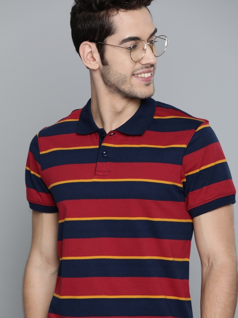 

Mast Harbour Men Maroon Navy Blue Striped Polo Collar Pure Cotton T-shirt