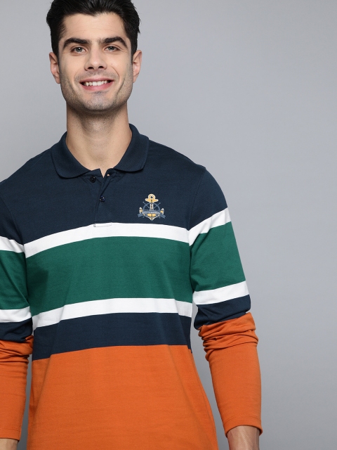 

Mast & Harbour Men Orange & Navy Blue Colourblocked Polo Collar T-shirt