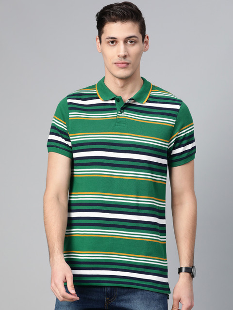 

Mast & Harbour Men Green & White Striped Polo Collar T-shirt
