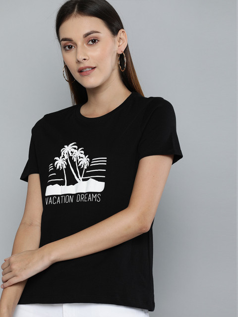 

Mast & Harbour Women Black Printed Round Neck T-shirt