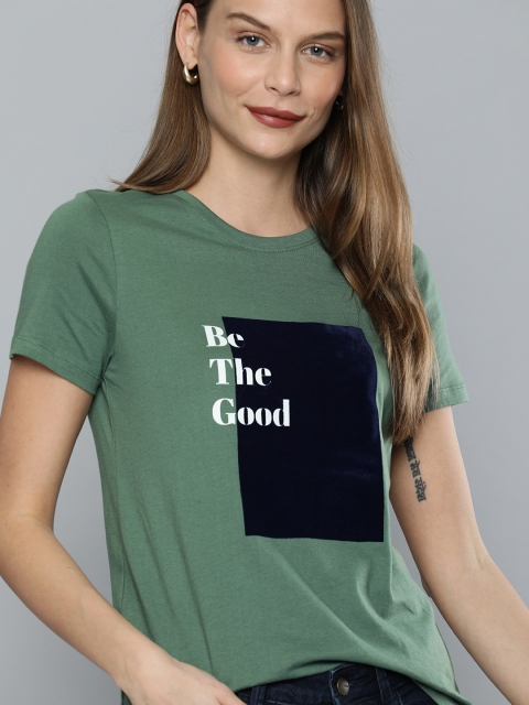 

Mast Harbour Women Olive Green Printed Round Neck Pure Cotton T-shirt