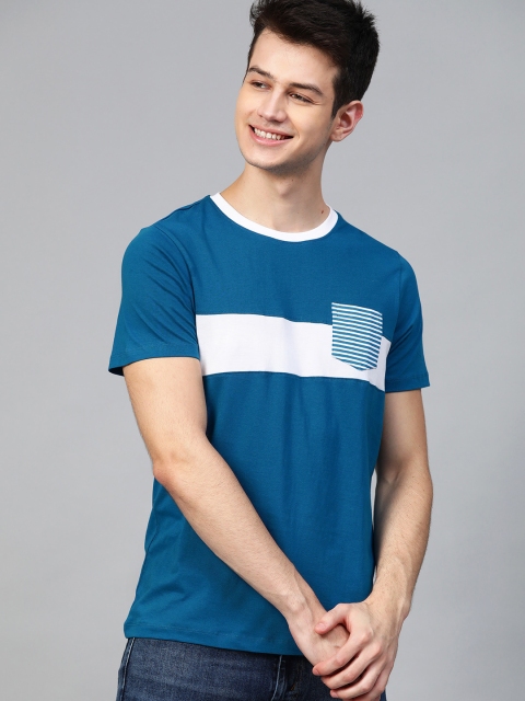 

Mast & Harbour Men Blue & White Colourblocked Round Neck T-shirt with Pocket Detail