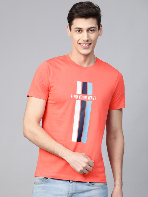 

Mast Harbour Men Coral Orange Printed Round Neck Pure Cotton T-shirt