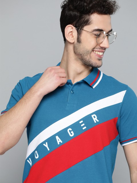 

Mast & Harbour Men Teal Blue & Red Striped Polo Collar Pure Cotton T-shirt