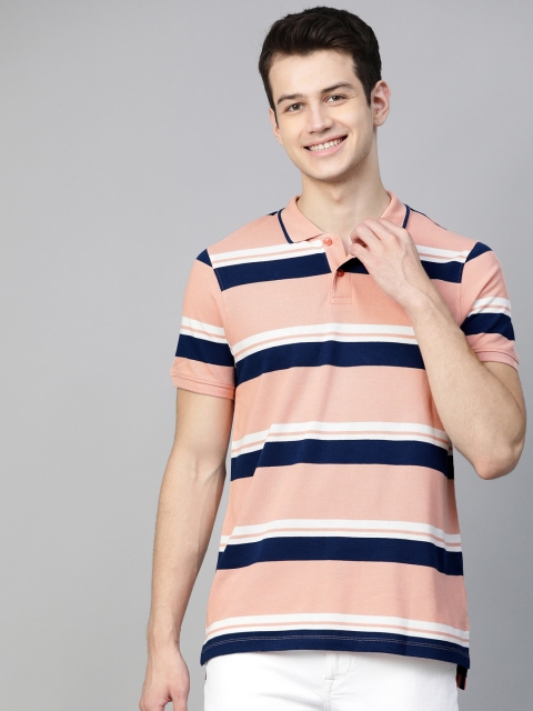 

Mast & Harbour Men Peach-Coloured & Navy Striped Polo Collar T-shirt